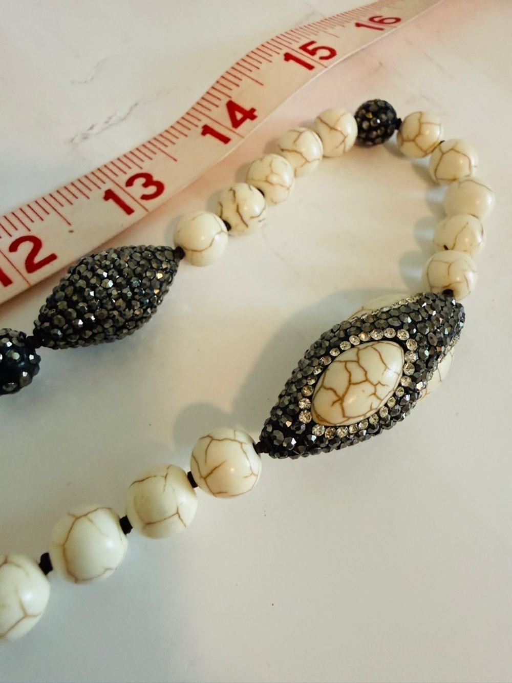 Cream Stone Beaded Necklace Pavé Crystal Long - Picture 5 of 7